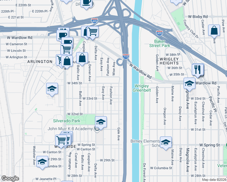 map of restaurants, bars, coffee shops, grocery stores, and more near 3323 Fashion Avenue in Long Beach