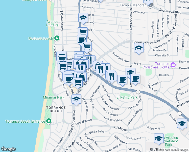 map of restaurants, bars, coffee shops, grocery stores, and more near 115 Camino de las Colinas in Redondo Beach