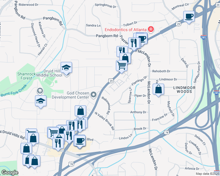 map of restaurants, bars, coffee shops, grocery stores, and more near 2411 Lawrenceville Highway in Decatur