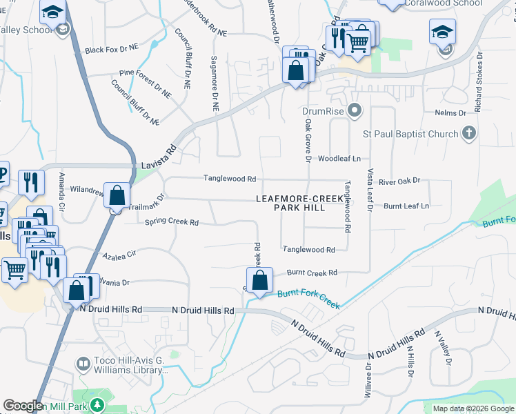 map of restaurants, bars, coffee shops, grocery stores, and more near 2254 Spring Creek Road in Decatur