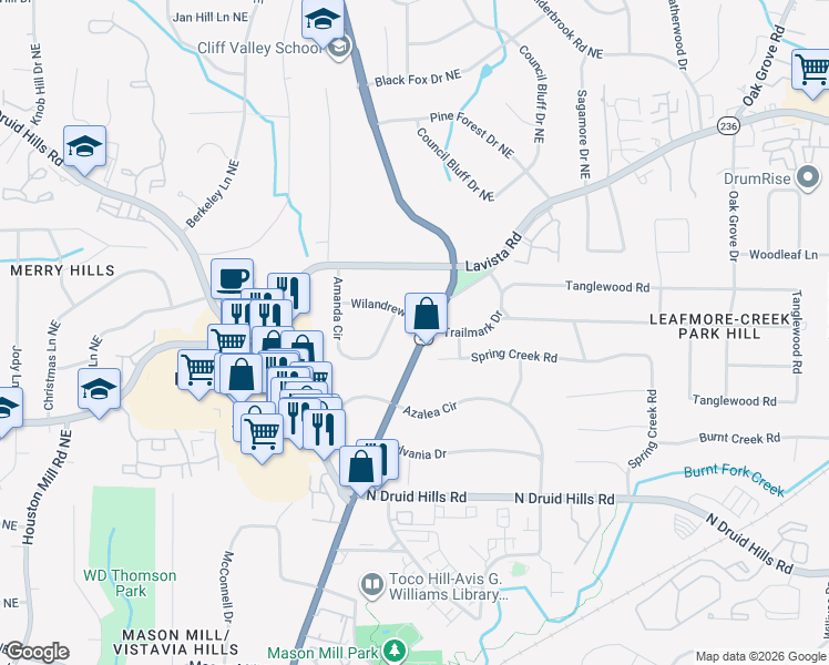 map of restaurants, bars, coffee shops, grocery stores, and more near 2138 Clairmont Road in Decatur