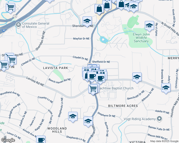 map of restaurants, bars, coffee shops, grocery stores, and more near 2197 Briarcliff Road Northeast in Atlanta