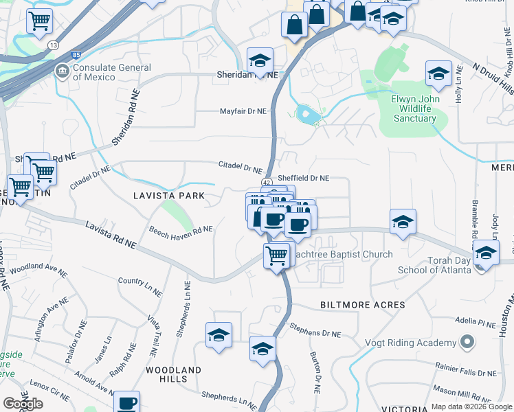 map of restaurants, bars, coffee shops, grocery stores, and more near 2190 Briarcliff Road Northeast in Atlanta