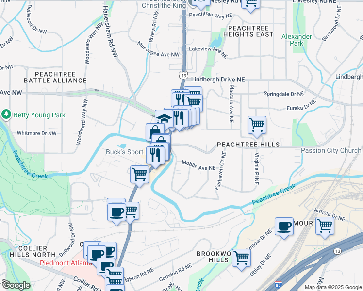 map of restaurants, bars, coffee shops, grocery stores, and more near 45 Peachtree Hills Avenue Northeast in Atlanta