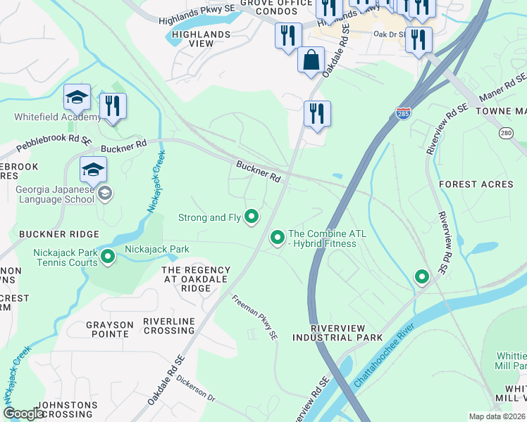 map of restaurants, bars, coffee shops, grocery stores, and more near 5550 Oakdale Road Southeast in Mableton