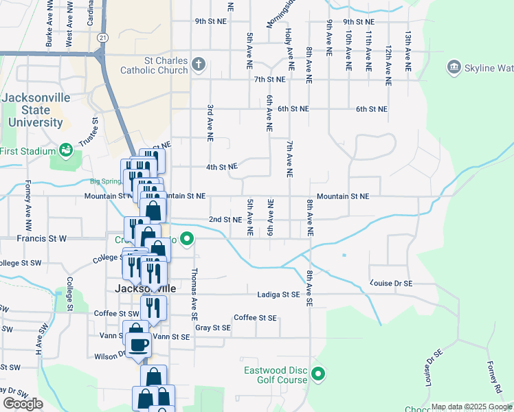 map of restaurants, bars, coffee shops, grocery stores, and more near 205 5th Avenue Northeast in Jacksonville