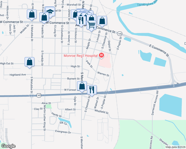 map of restaurants, bars, coffee shops, grocery stores, and more near 613 South Chestnut Street in Aberdeen