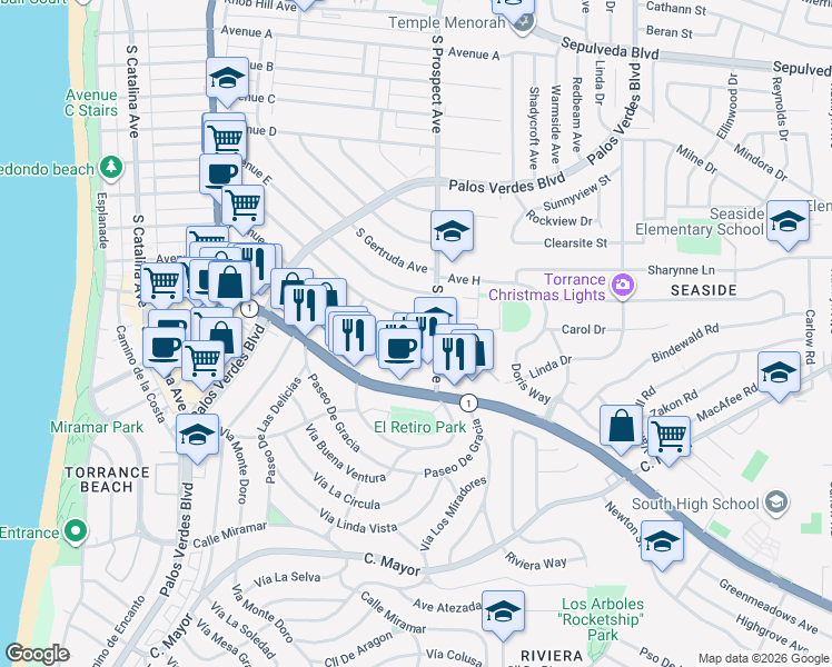 map of restaurants, bars, coffee shops, grocery stores, and more near 1932 South Prospect Avenue in Redondo Beach