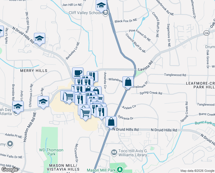 map of restaurants, bars, coffee shops, grocery stores, and more near 1311 Amanda Circle in Decatur
