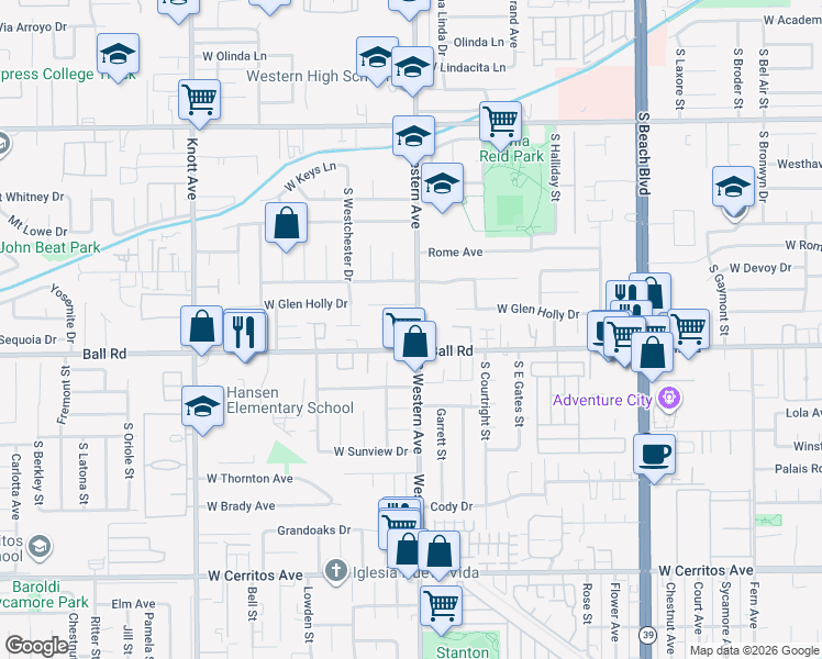 map of restaurants, bars, coffee shops, grocery stores, and more near 921 South Western Avenue in Anaheim