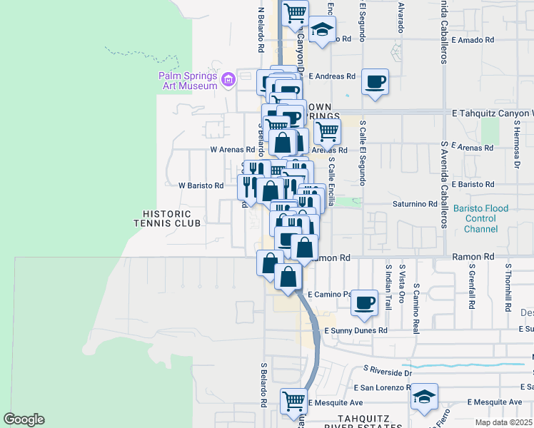 map of restaurants, bars, coffee shops, grocery stores, and more near 415 South Palm Canyon Drive in Palm Springs