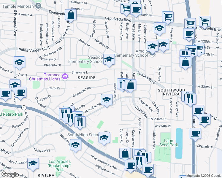 map of restaurants, bars, coffee shops, grocery stores, and more near 4611 Vanderhill Road in Torrance