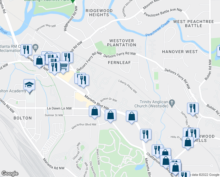 map of restaurants, bars, coffee shops, grocery stores, and more near 1105 Liberty Parkway Northwest in Atlanta