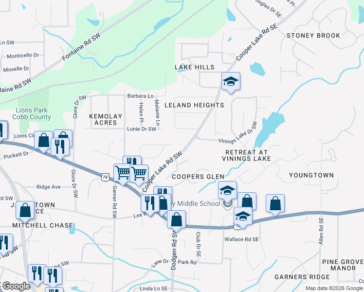 map of restaurants, bars, coffee shops, grocery stores, and more near 27 Cooper Lake Road Southwest in Mableton