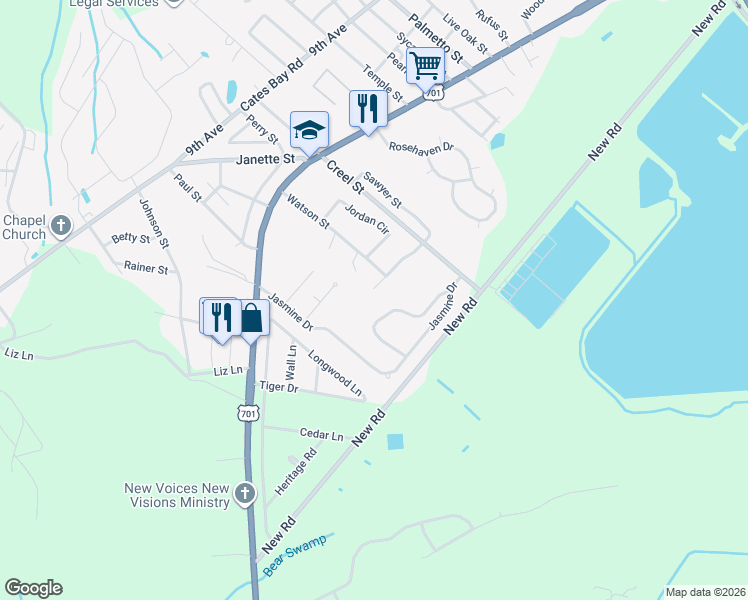 map of restaurants, bars, coffee shops, grocery stores, and more near 3048 Dewberry Drive in Conway