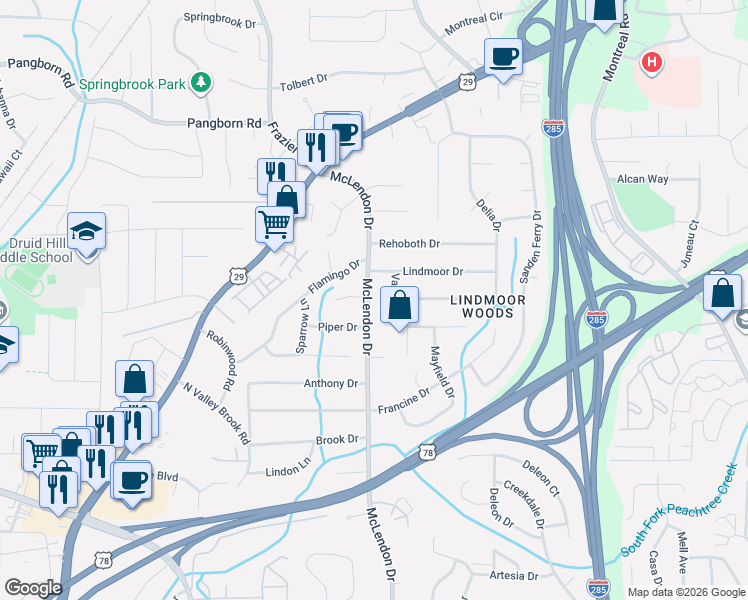 map of restaurants, bars, coffee shops, grocery stores, and more near 1282 McLendon Drive in Decatur