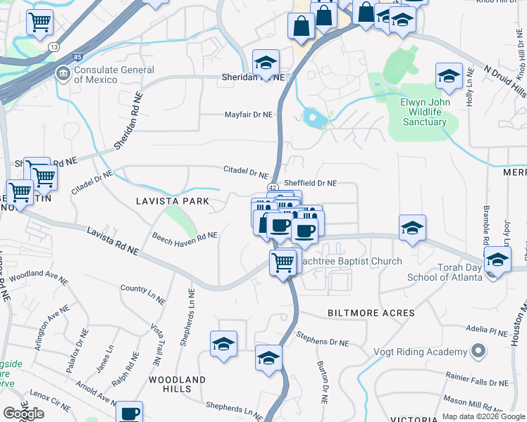map of restaurants, bars, coffee shops, grocery stores, and more near 2190 Briarcliff Road Northeast in Atlanta