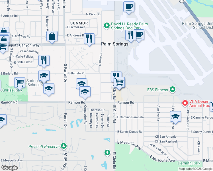 map of restaurants, bars, coffee shops, grocery stores, and more near 401 El Cielo Road in Palm Springs