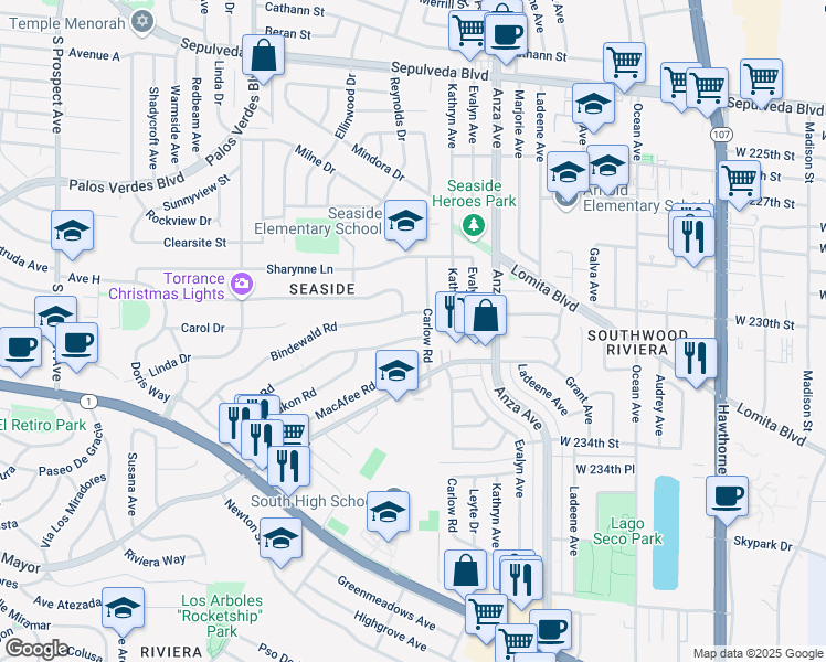 map of restaurants, bars, coffee shops, grocery stores, and more near 4611 Vanderhill Road in Torrance