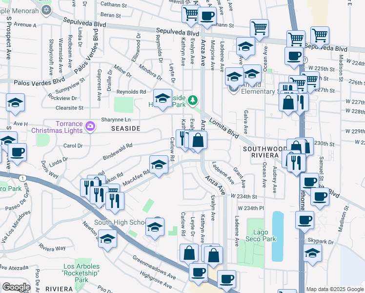 map of restaurants, bars, coffee shops, grocery stores, and more near 23552 Kathryn Avenue in Torrance