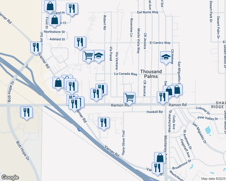 map of restaurants, bars, coffee shops, grocery stores, and more near 31762 Vía Pared in Thousand Palms