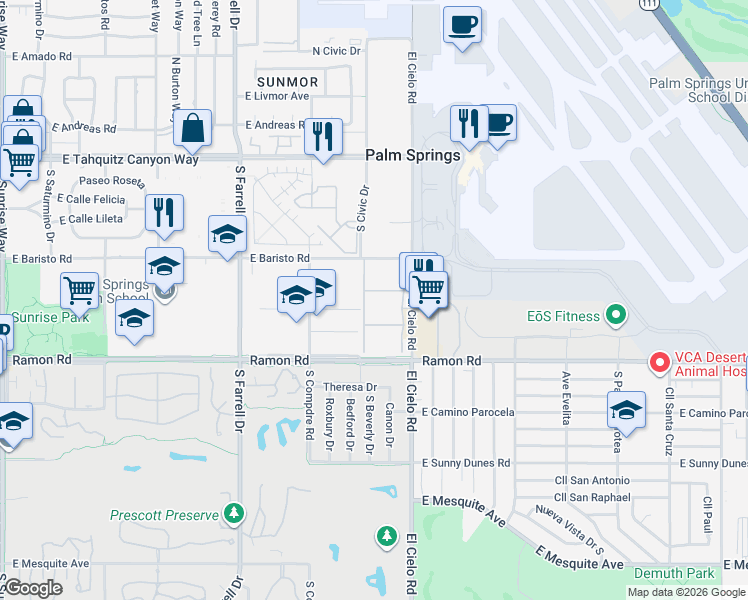 map of restaurants, bars, coffee shops, grocery stores, and more near 2999 East Via Vaquero Road in Palm Springs