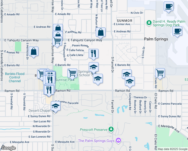 map of restaurants, bars, coffee shops, grocery stores, and more near 2401 East Baristo Road in Palm Springs