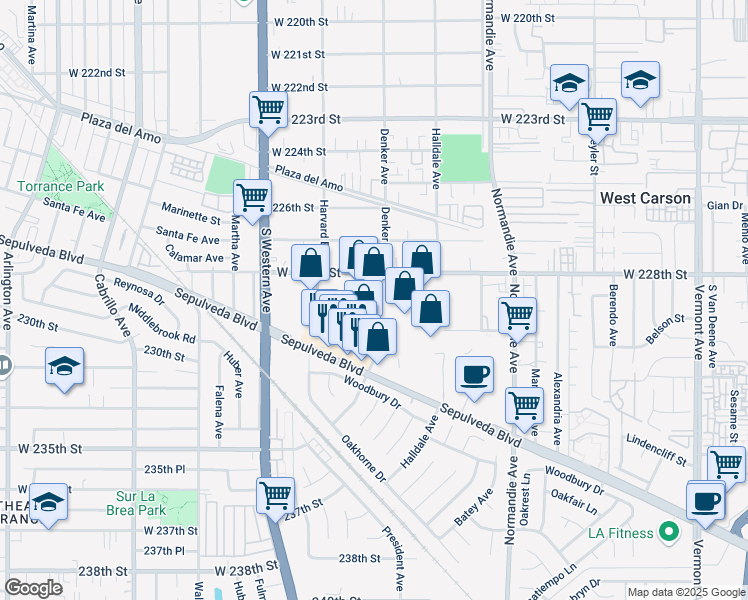 map of restaurants, bars, coffee shops, grocery stores, and more near 1450 W 228th St in Torrance