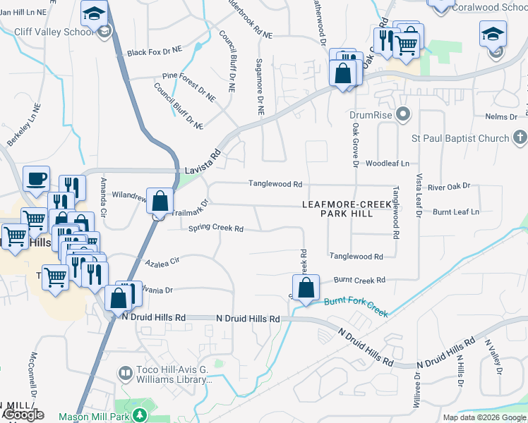 map of restaurants, bars, coffee shops, grocery stores, and more near 2220 Spring Creek Road in Decatur