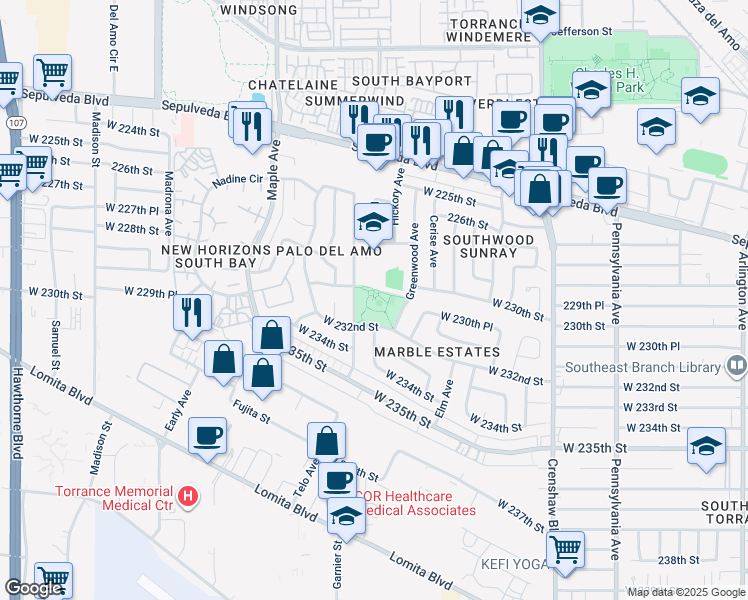 map of restaurants, bars, coffee shops, grocery stores, and more near 2850 West 232nd Street in Torrance
