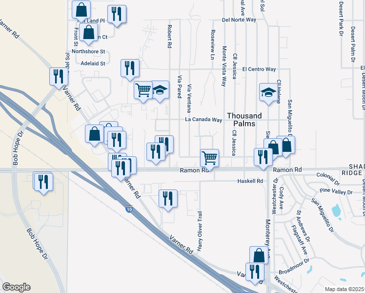 map of restaurants, bars, coffee shops, grocery stores, and more near 31762 Vía Pared in Thousand Palms