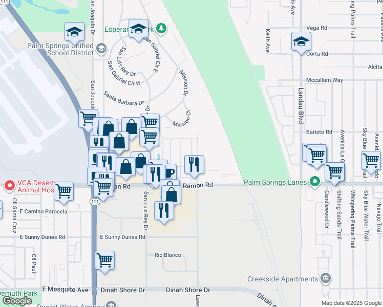 map of restaurants, bars, coffee shops, grocery stores, and more near Starlight Trail in Cathedral City