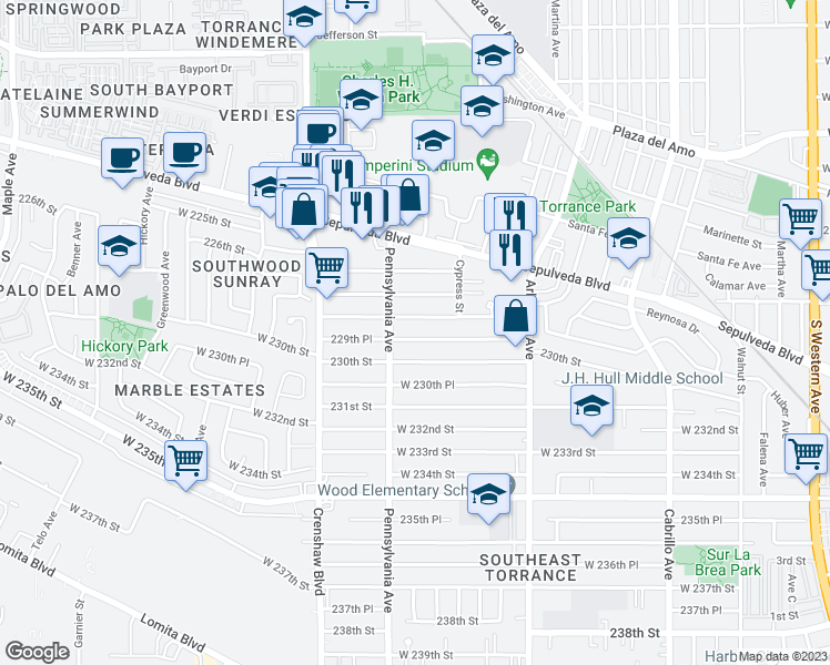 map of restaurants, bars, coffee shops, grocery stores, and more near 2358 229th Place in Torrance