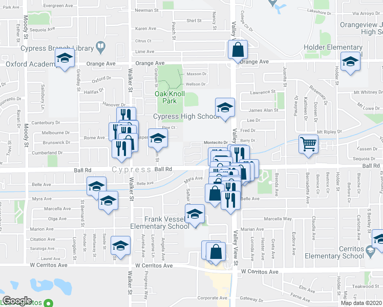 map of restaurants, bars, coffee shops, grocery stores, and more near 5841 Laguna Way in Cypress