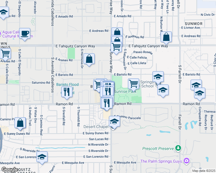 map of restaurants, bars, coffee shops, grocery stores, and more near 341 South Sunrise Way in Palm Springs
