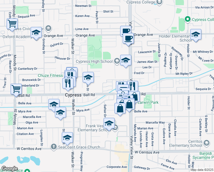 map of restaurants, bars, coffee shops, grocery stores, and more near 5841 Laguna Way in Cypress