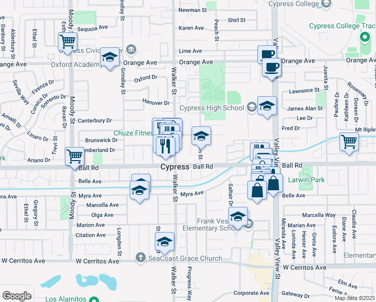 map of restaurants, bars, coffee shops, grocery stores, and more near 9907 Cedar Court in Cypress