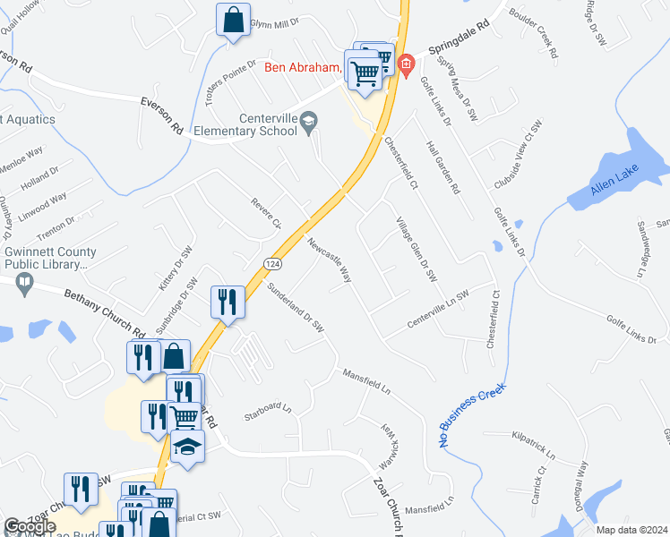 map of restaurants, bars, coffee shops, grocery stores, and more near 3205 Newcastle Way in Snellville