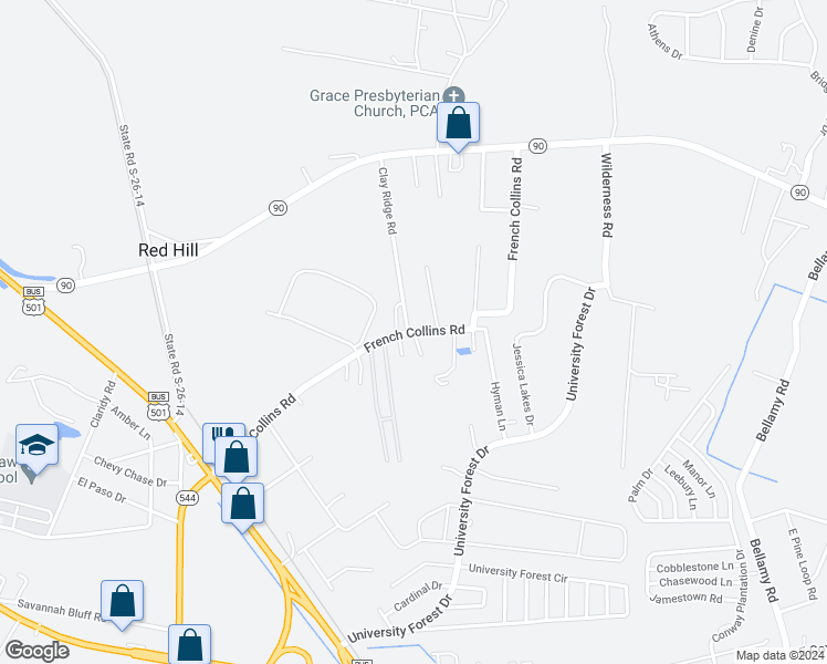 map of restaurants, bars, coffee shops, grocery stores, and more near 1401 Island Road in Conway