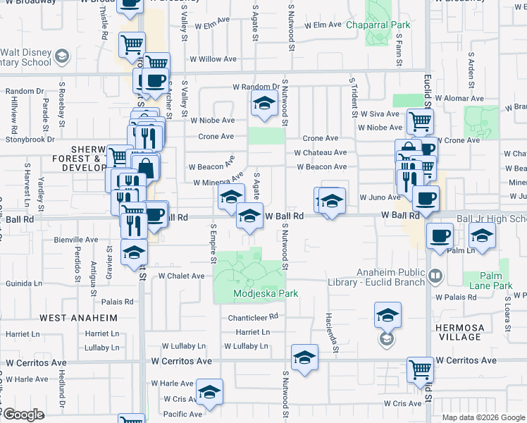 map of restaurants, bars, coffee shops, grocery stores, and more near 952 Emerald Street in Anaheim