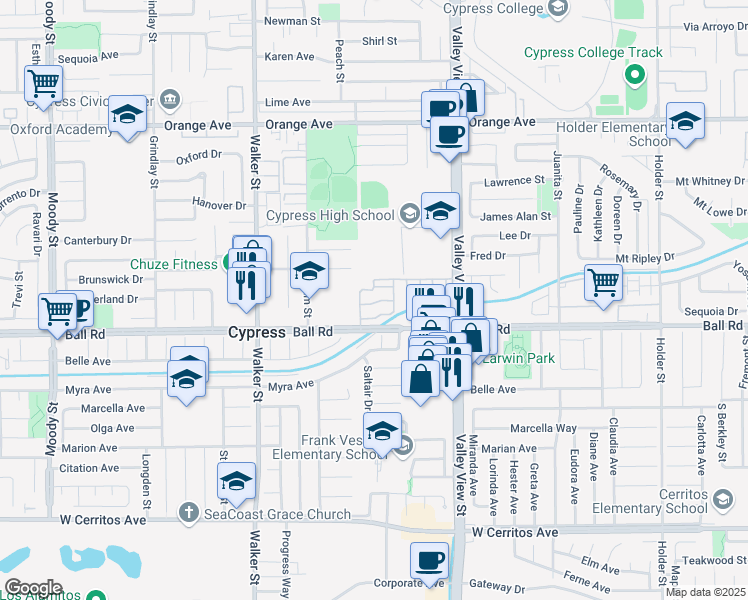 map of restaurants, bars, coffee shops, grocery stores, and more near 5843 La Jolla Way in Cypress