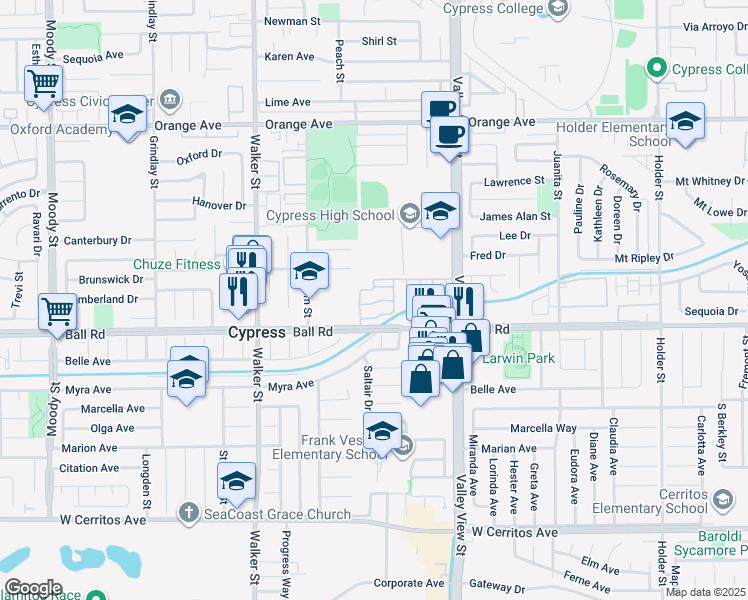 map of restaurants, bars, coffee shops, grocery stores, and more near 5747 La Jolla Way in Cypress