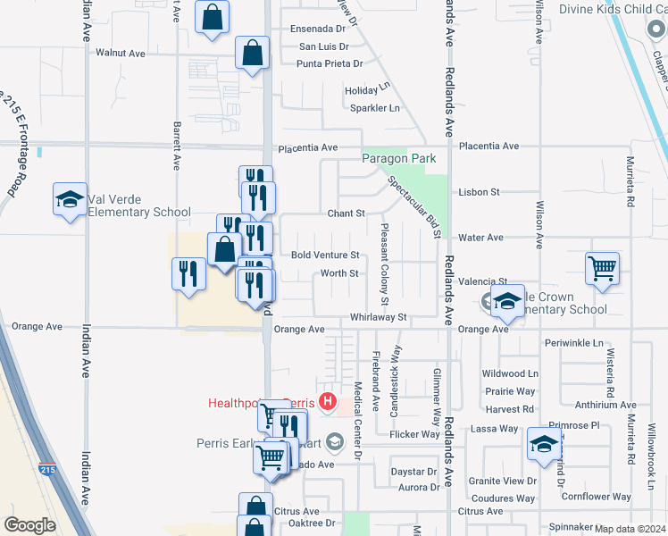 map of restaurants, bars, coffee shops, grocery stores, and more near 150 Worth Street in Perris