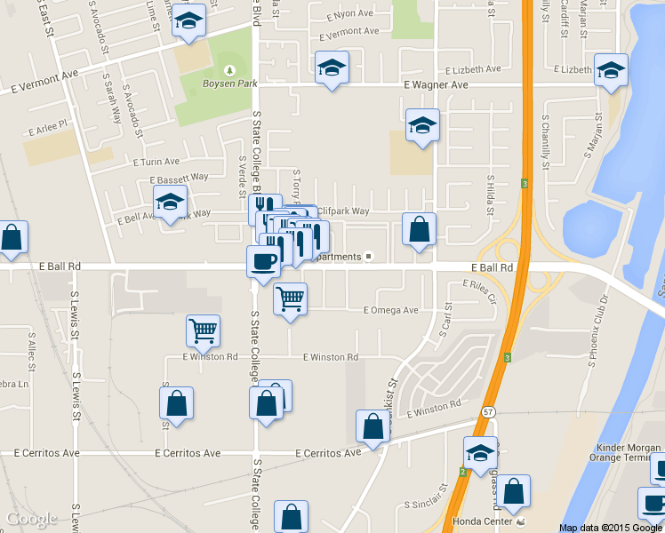 map of restaurants, bars, coffee shops, grocery stores, and more near East Ball Road in Anaheim
