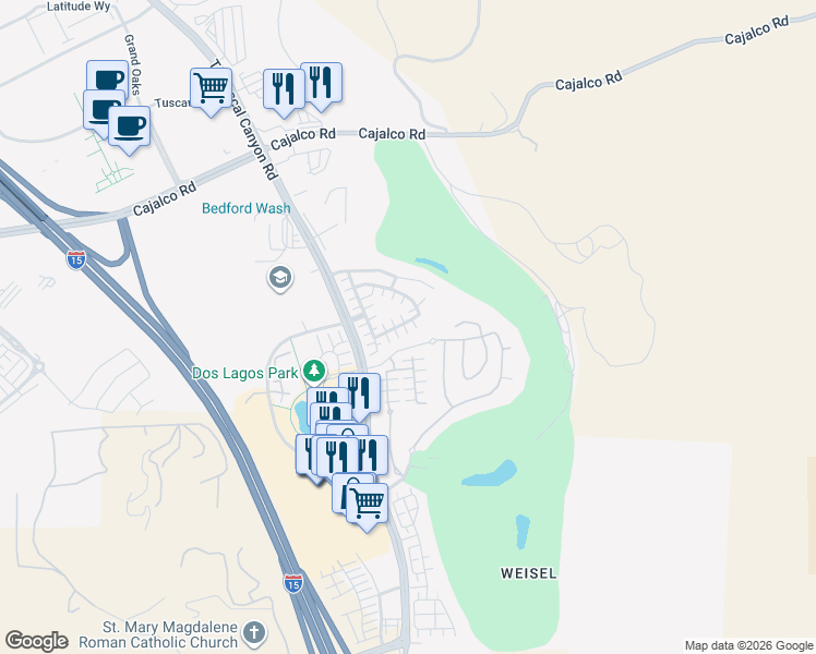 map of restaurants, bars, coffee shops, grocery stores, and more near 2874 Echo Springs Drive in Corona