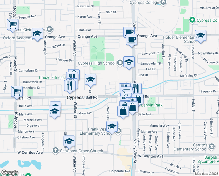 map of restaurants, bars, coffee shops, grocery stores, and more near 5763 Laguna Way in Cypress