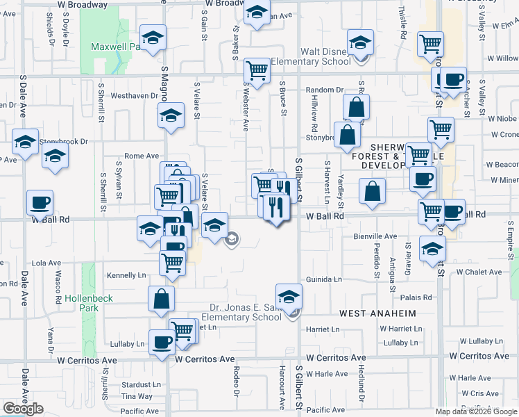 map of restaurants, bars, coffee shops, grocery stores, and more near 2449 West Ball Road in Anaheim