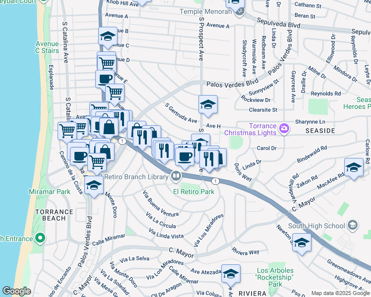 map of restaurants, bars, coffee shops, grocery stores, and more near 517 Avenue G in Redondo Beach