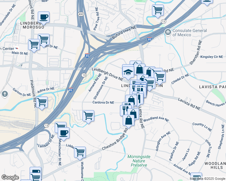 map of restaurants, bars, coffee shops, grocery stores, and more near 981 Northrope Drive Northeast in Atlanta