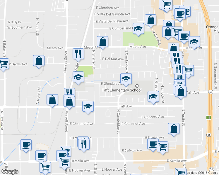 map of restaurants, bars, coffee shops, grocery stores, and more near 742 East Ferndale Avenue in Orange